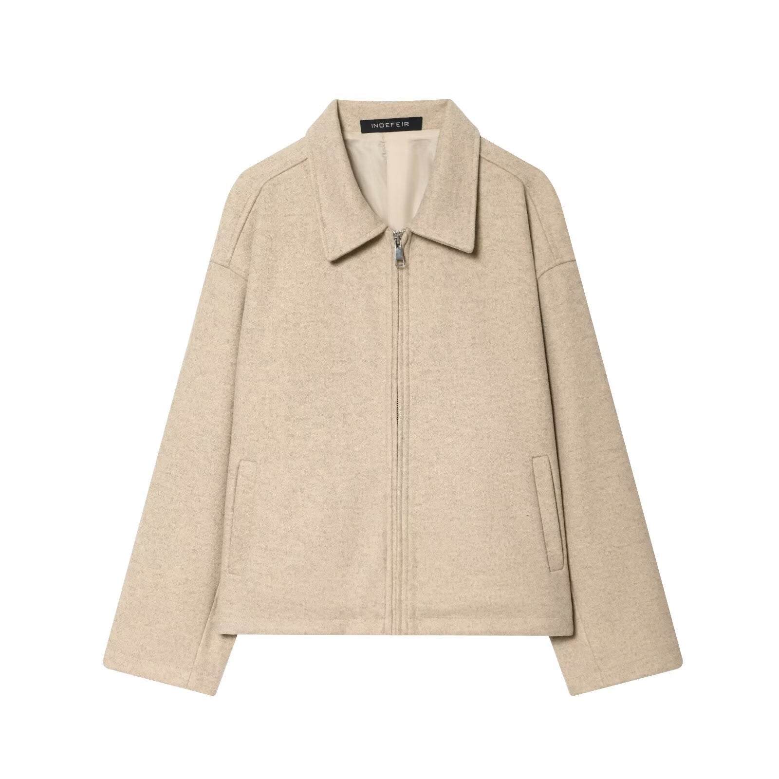 Women Boxy Wool Blend Blouson Jacket with Zipper and Shirt Collar Chichicherry