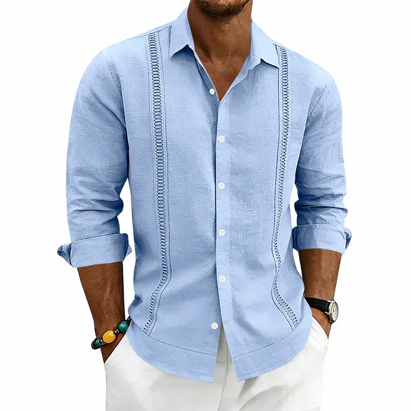Men's Lightweight Cotton Long Sleeve Shirt with Decorative Stitches and Kent Collar Chichicherry