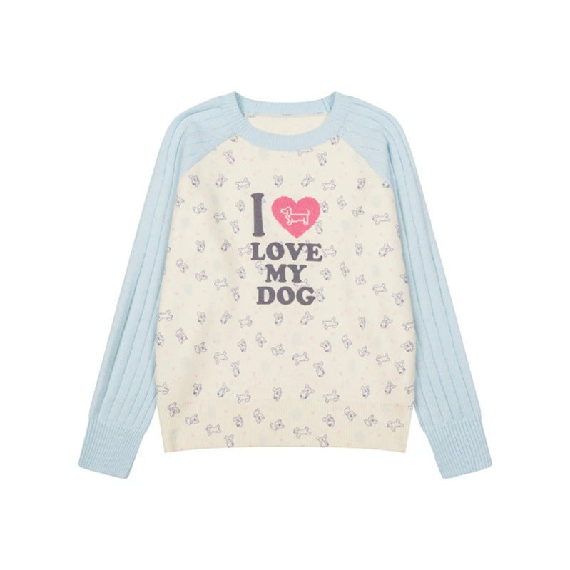 Women's knitted raglan sweater with heart dog motif, ribbed sleeves and all-over print Chichicherry