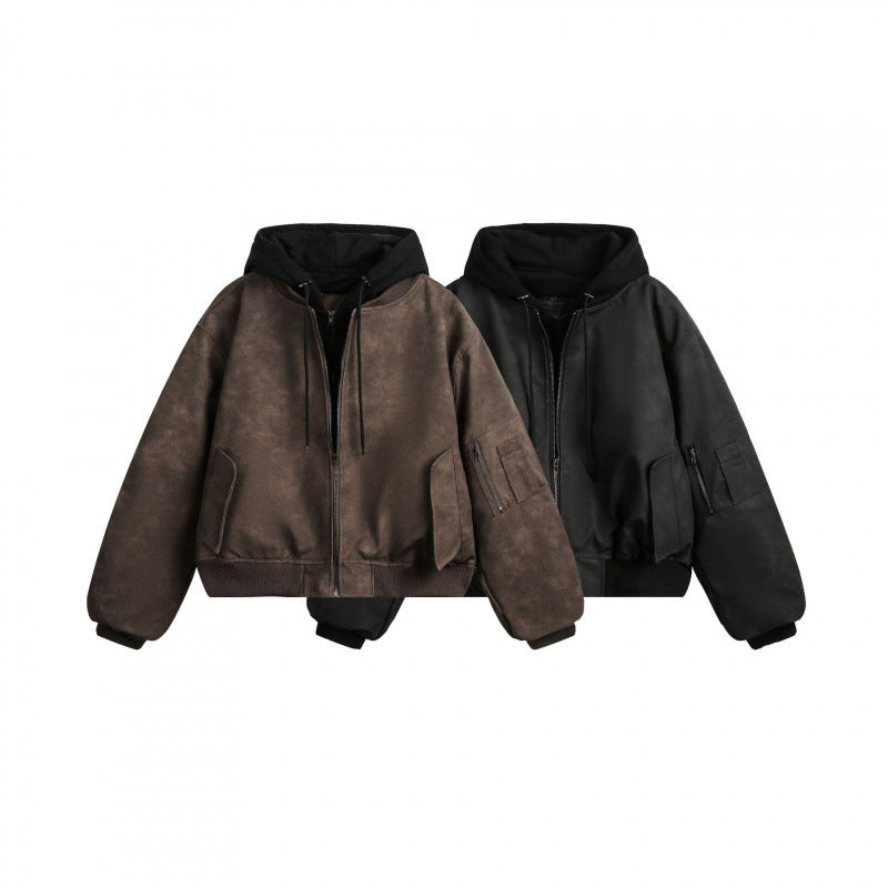 [Men] Short cut bomber jacket in vintage velvet look with integrated hood, functional arm pocket and ribbed cuffs Chichicherry