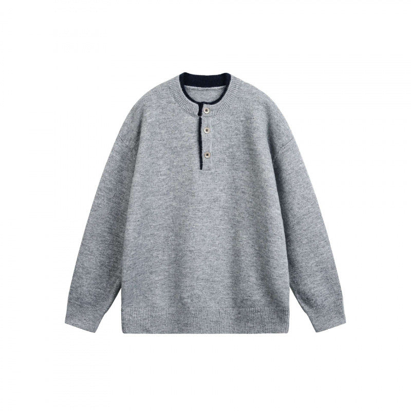 Unisex Chunky Knit Henley Sweater with Half Button Placket and Ribbed Neckline Chichicherry