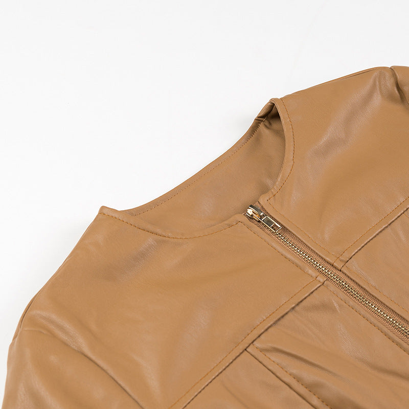 Women's leather jacket without collar with tailored fit and full zip Chichicherry