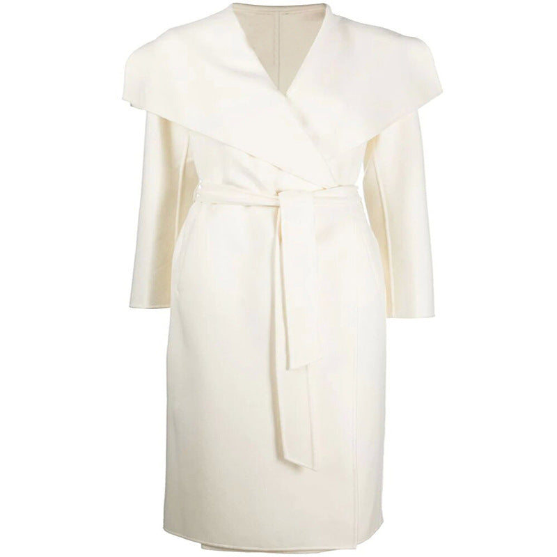 Women's Tailored Wrap Coat in Kimono Look with Wide Shawl Collar and Ties Belt Chichicherry
