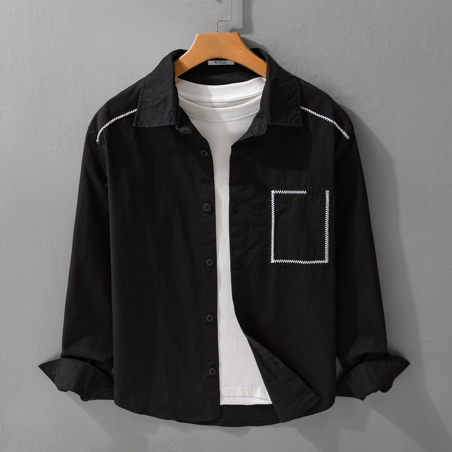 Men's cotton shirt with decorative zigzag seams and chest pocket Chichicherry
