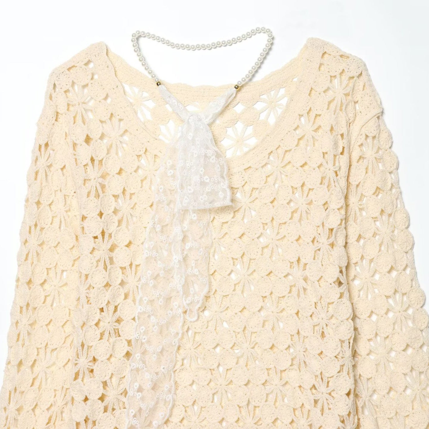 Women's crochet pullover with floral lace look, scallop hem, and delicate ribbon Chichicherry