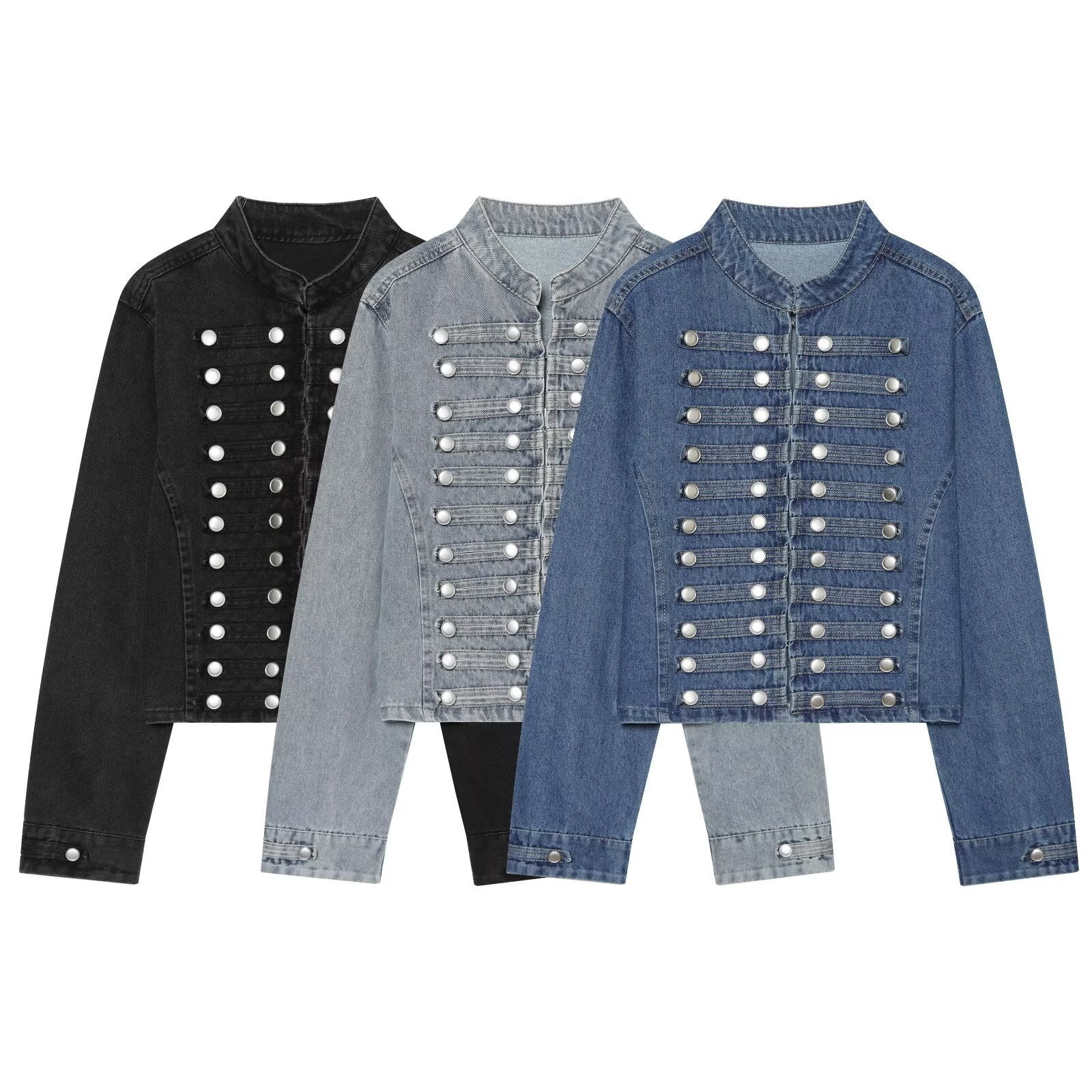 Ladies short cut denim jacket in military style with stand-up collar and decorative button rows Chichicherry