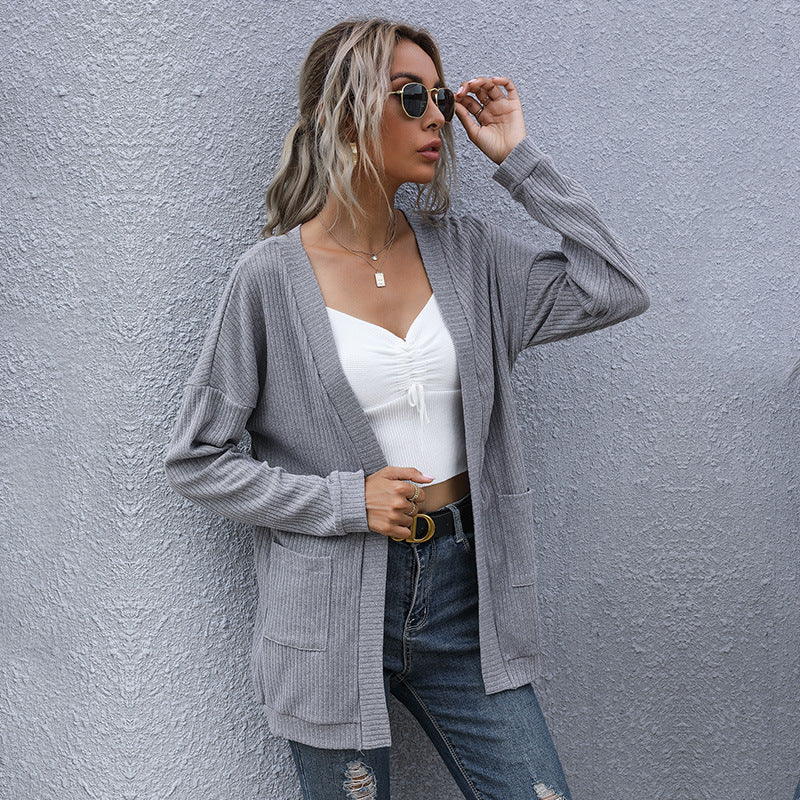 Women Loose Fine Knit Cardigan with Ribbed Textured Knit and Patch Pockets Chichicherry