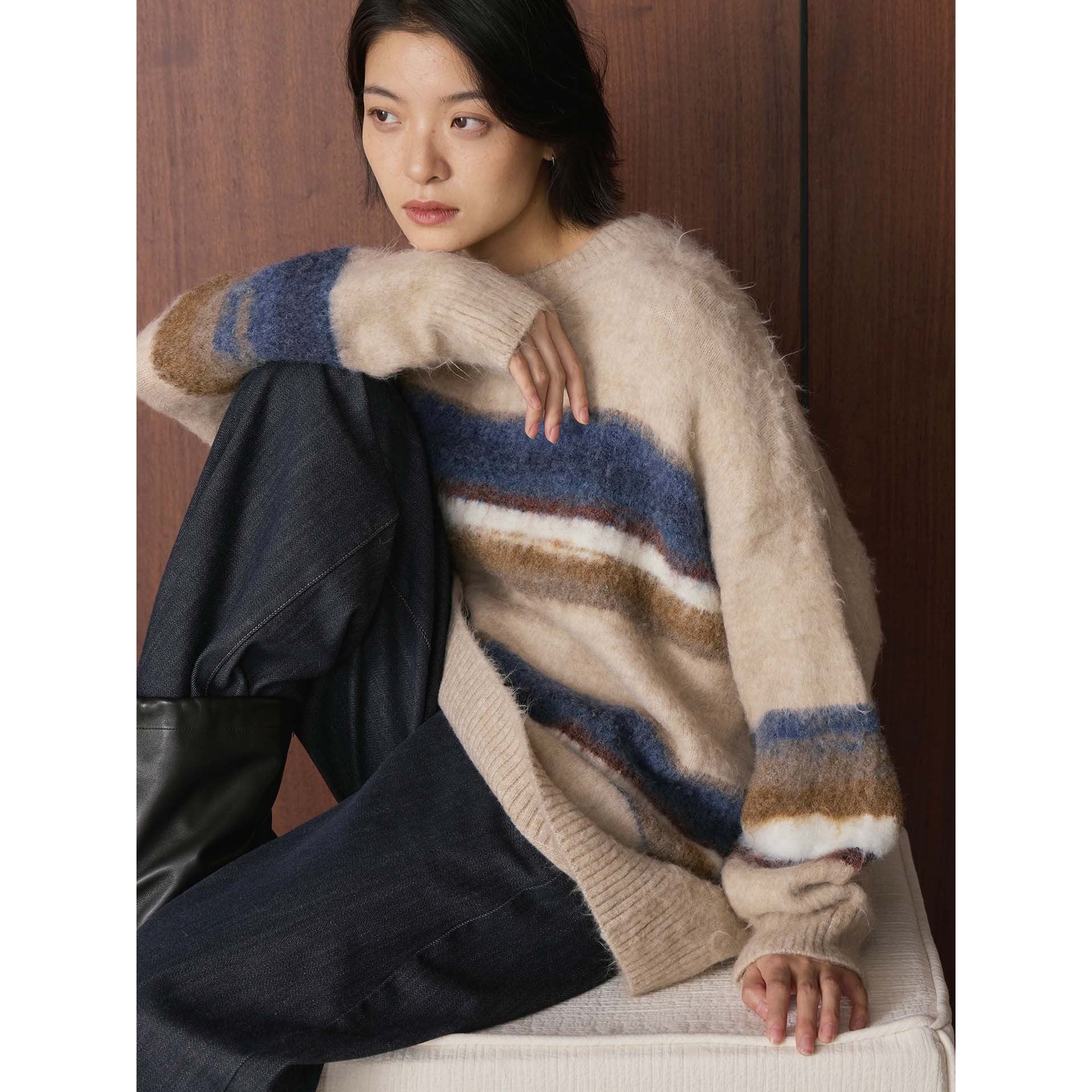 Women Soft Mohair Mix Sweater with Striped Relaxed Silhouette Chichicherry