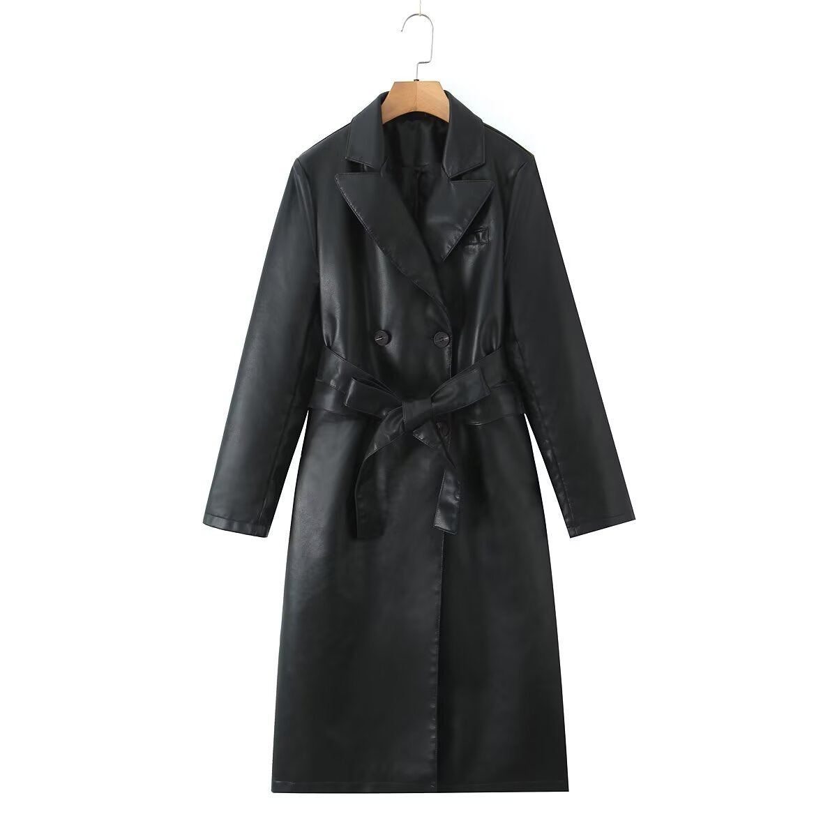 Women's longer tailored coat in leather look with tie belt and lapel collar Chichicherry