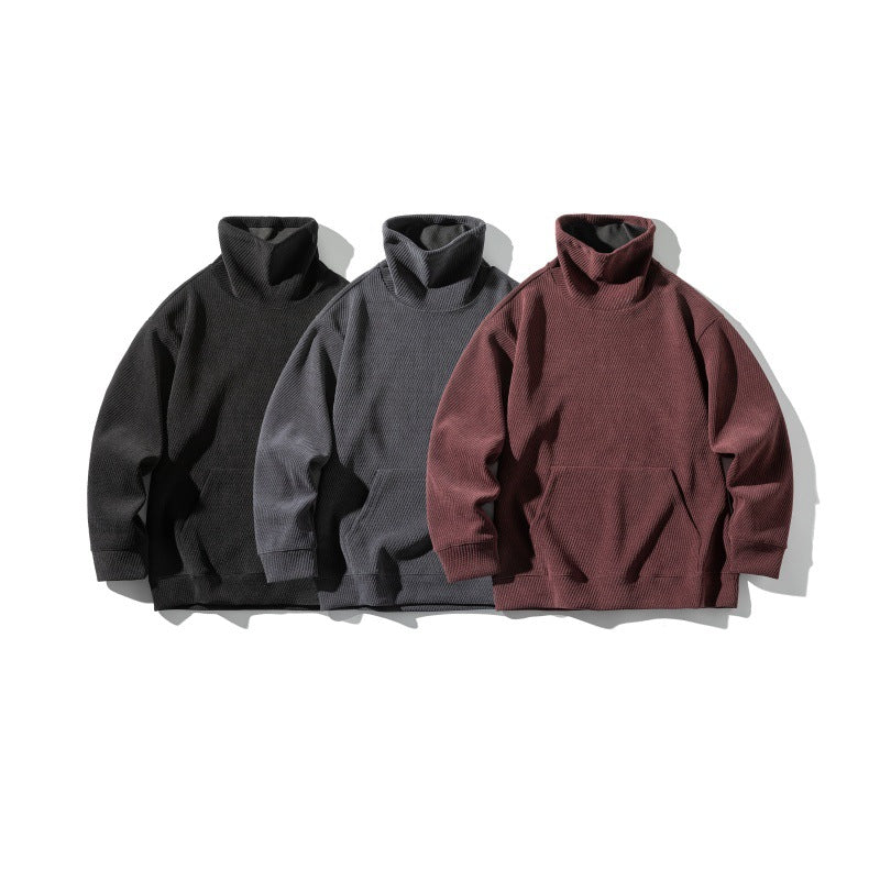 Unisex Oversize Waffle Structure Half Roll Neck Sweatshirt with Kangaroo Pocket Chichicherry