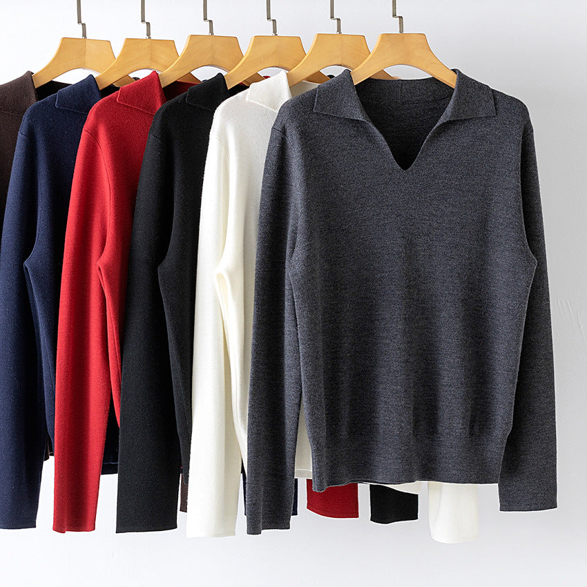 Women's fine knit pullover with V-neck and shirt collar Chichicherry