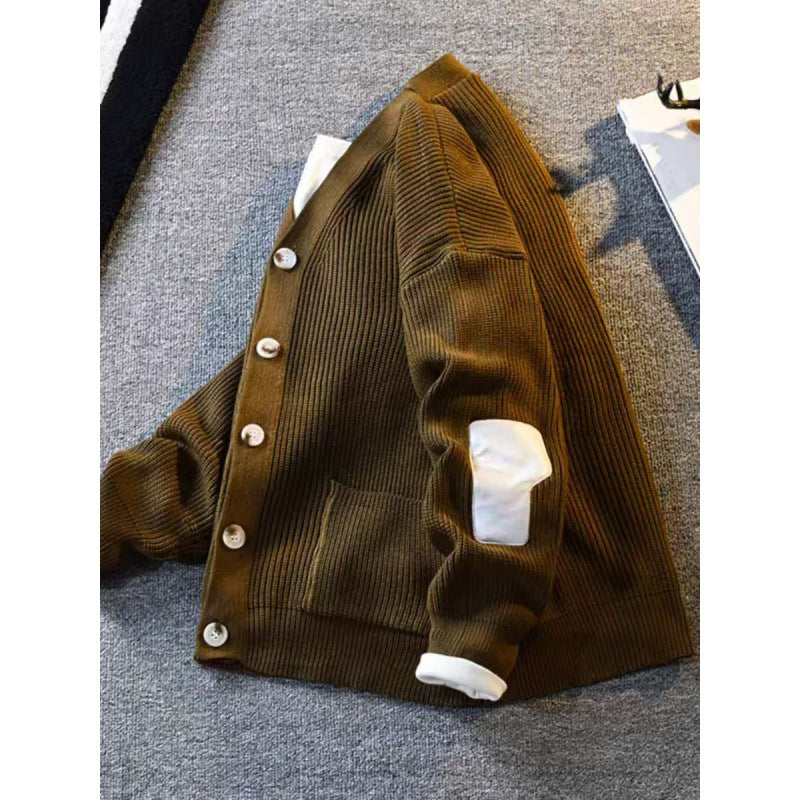 Herren Oversized Strickcardigan mit Ellenbogen-Patches und aufgesetzten Taschen Chichicherry