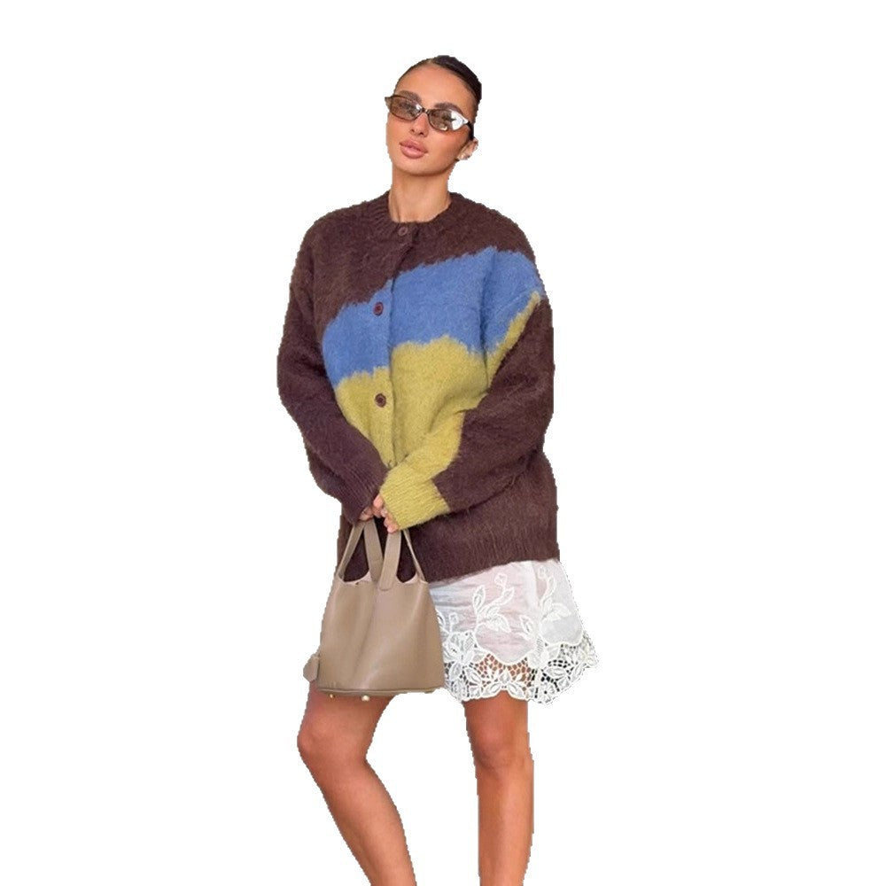 Women's Oversize Mohair-Blend Cardigan with Abstract Color Block and Button Placket Chichicherry