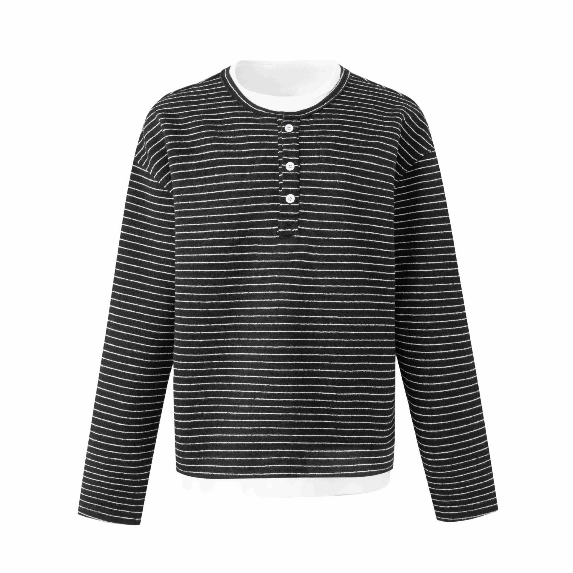 Women's Striped Long Sleeve Henley Shirt with Button Placket and Layered Look Chichicherry