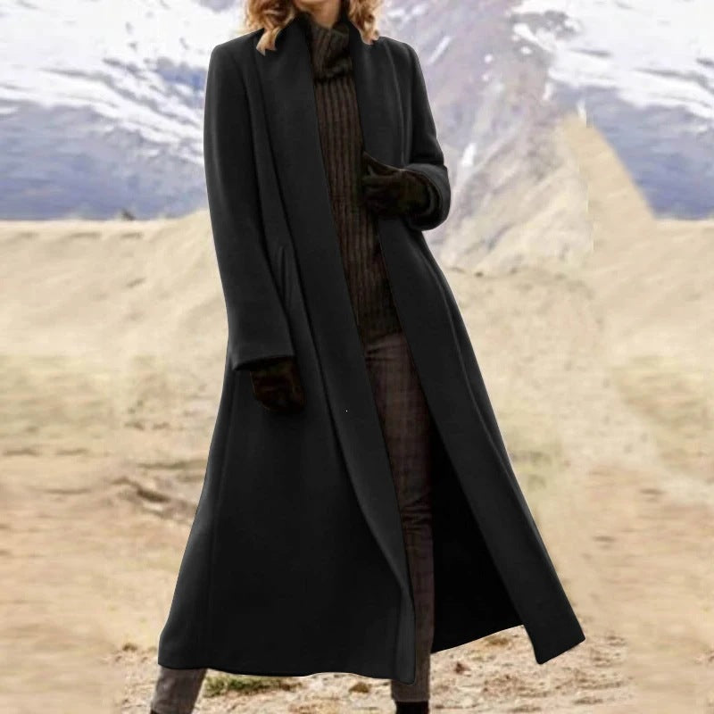 Women elegant long wool blend coat with open fall and side pockets Chichicherry