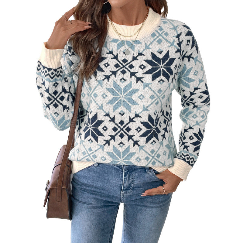 Women's Norwegian Pattern Knit Sweater with Round Neck, Ribbed Cuffs and Relaxed Fit