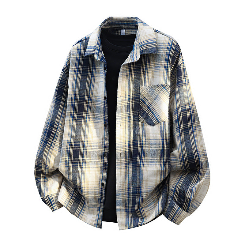 Men's Oversized Checked Flannel Shirt Jacket with Breast Pocket & Rounded Hem Chichicherry