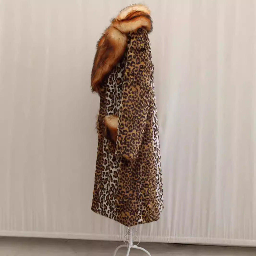 Women’s Longer Faux Fur Coat in Leopard Print with Large Fur Collar and Pocket Trim Chichicherry