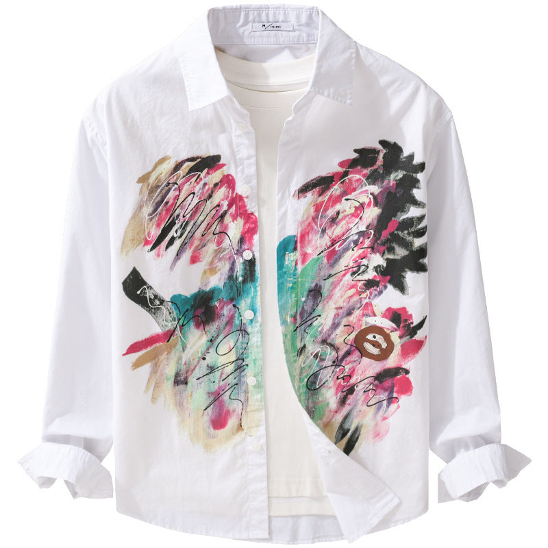 Women's long-sleeve shirt made of cotton poplin with artistic brush print and Kent collar Chichicherry