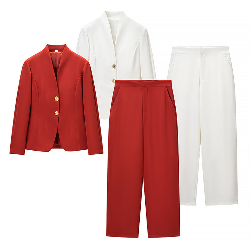 Women Mix & Match Blazer and Palazzo Pants Set with Tailored One-Button Blazer and High Waist Chichicherry