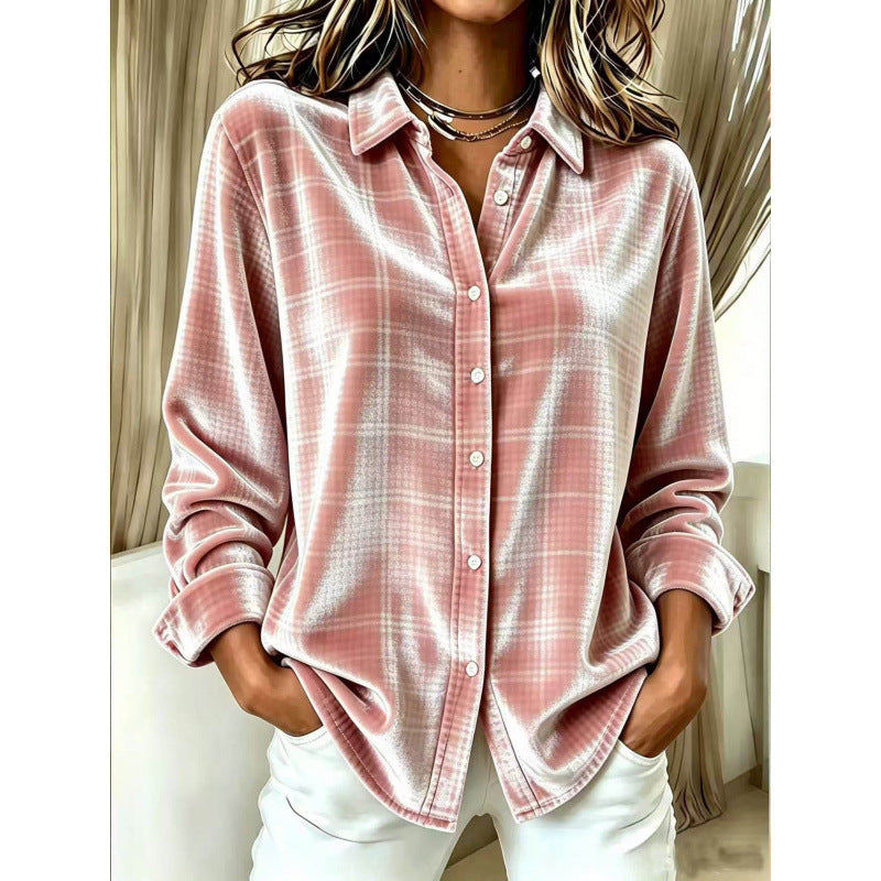 Women's velvet shirt blouse in relaxed fit with fine check pattern and mother-of-pearl buttons Chichicherry