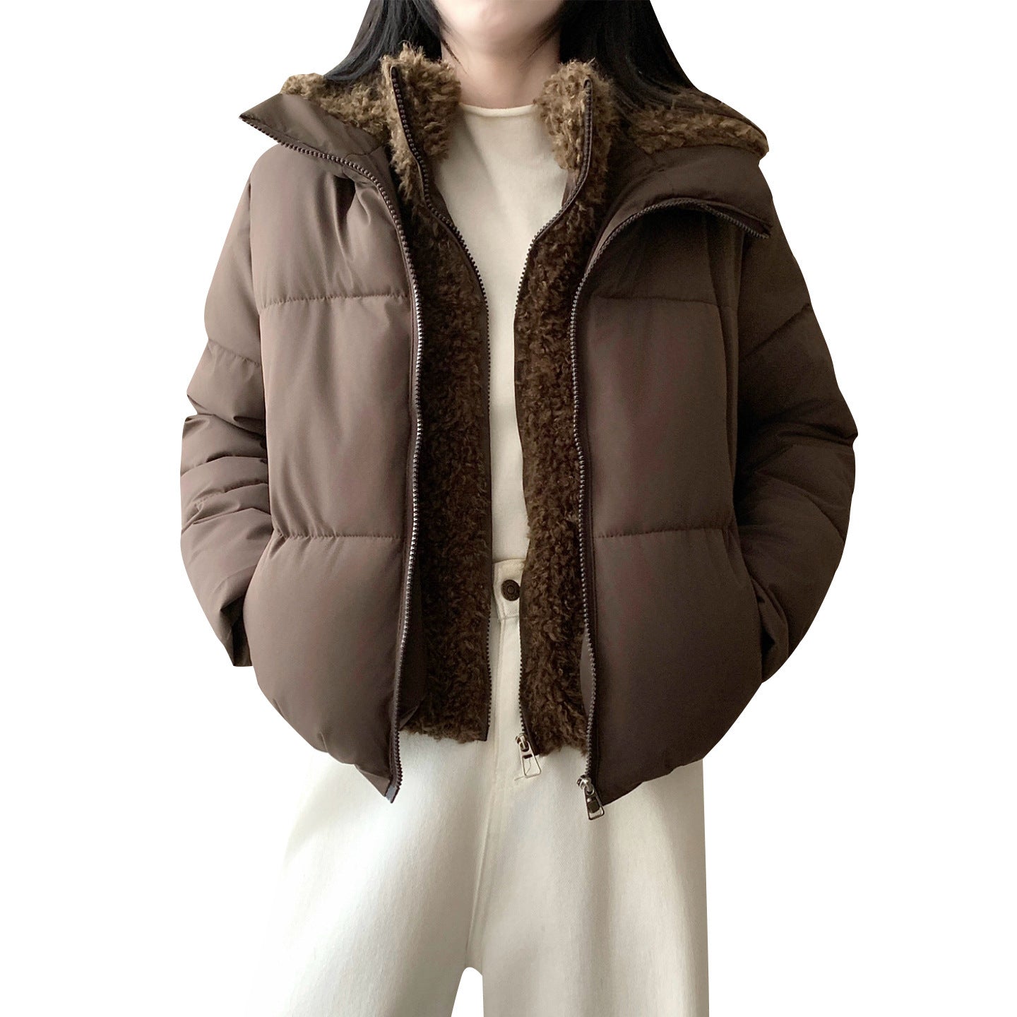 Women's short padded double jacket with detachable teddy inner lining and high stand-up collar Chichicherry