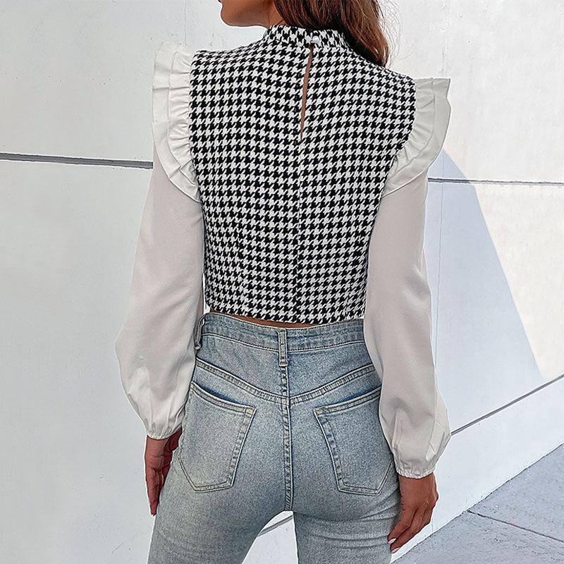 Women's Short Houndstooth Top with Stand Collar, Puff Sleeves and Gathered Shoulder Ruffles Chichicherry