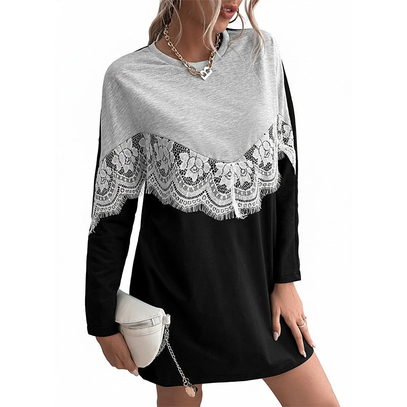 Ladies sweat dress in color block style with lace V yoke and rounded hem