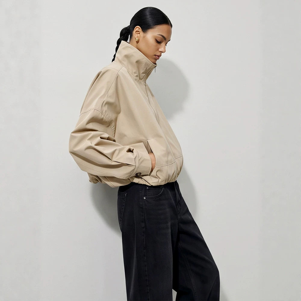 Women's Boxy-Cropped Windbreaker Jacket with High Standing Collar and Straight Hem Chichicherry