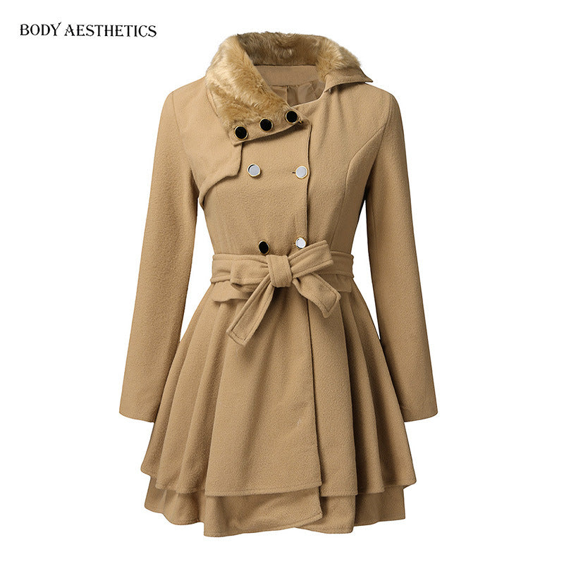 Women A-line wool blend coat with waist belt double-breasted and faux fur collar Chichicherry