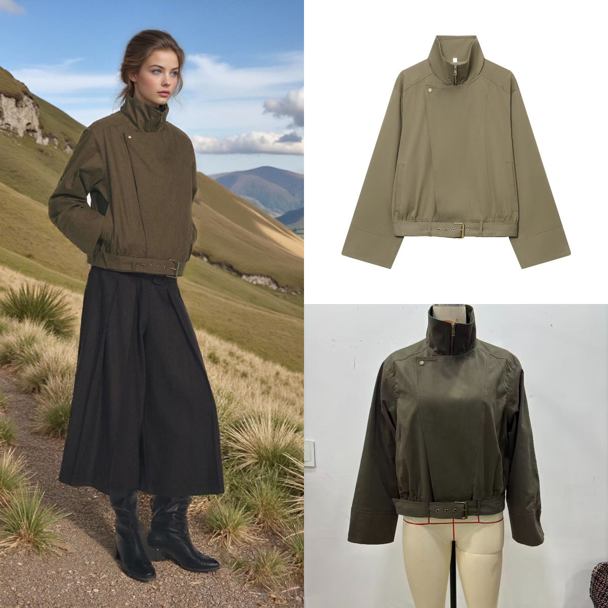 Women's short jacket with high stand-up collar, concealed zipper, and waist belt Chichicherry