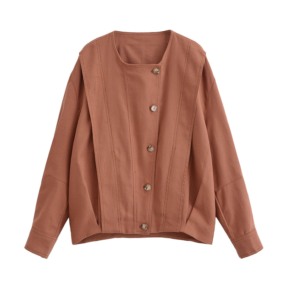 Women's Boxy Transitional Jacket with Round Neck, Decorative Stitching and Visible Button Placket Chichicherry