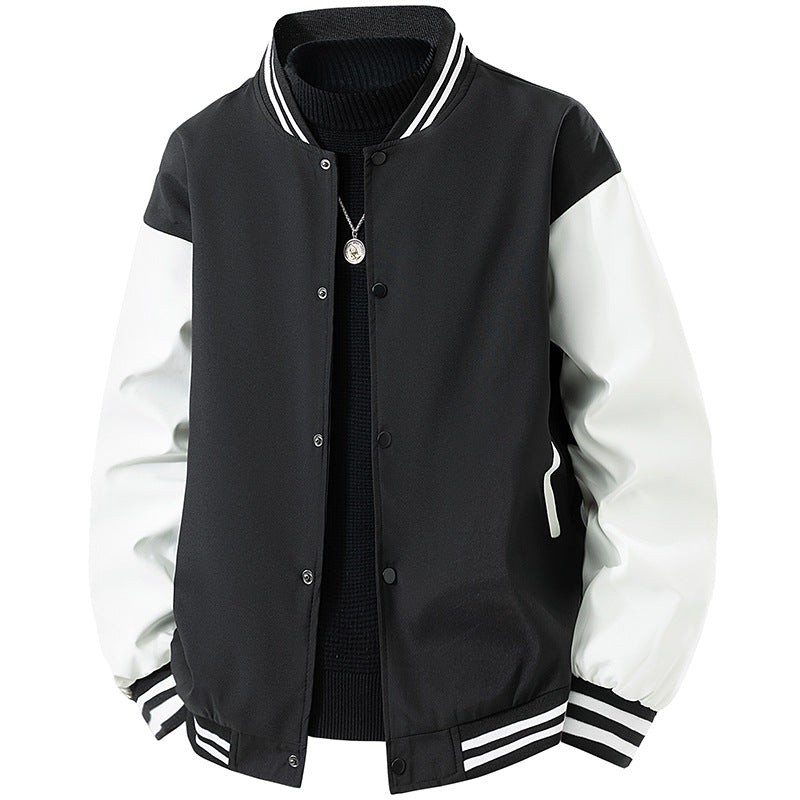 Men's College Bomber Jacket in Retro Varsity Design with Snap Front, Contrast Sleeves and Ribbed Stripe Cuffs Chichicherry