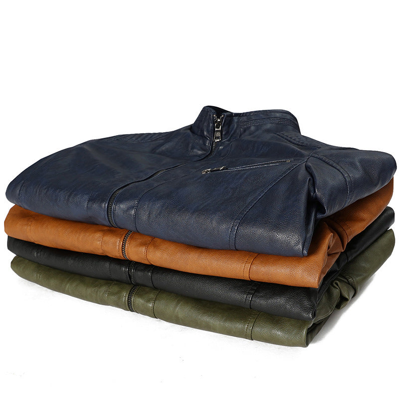 Men's Faux Leather Moto Jacket with Stand Collar, Shoulder Padding, and Zipper Pockets Chichicherry