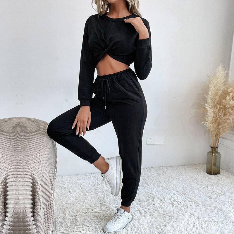 Women's Cropped Loungewear Set with Twist Top and High-Waisted Jogging Pants Chichicherry