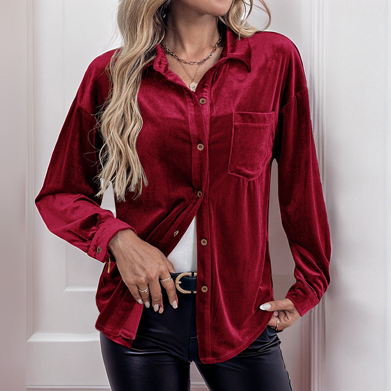 Women’s velour shirt blouse with chest pocket and classic collar Chichicherry
