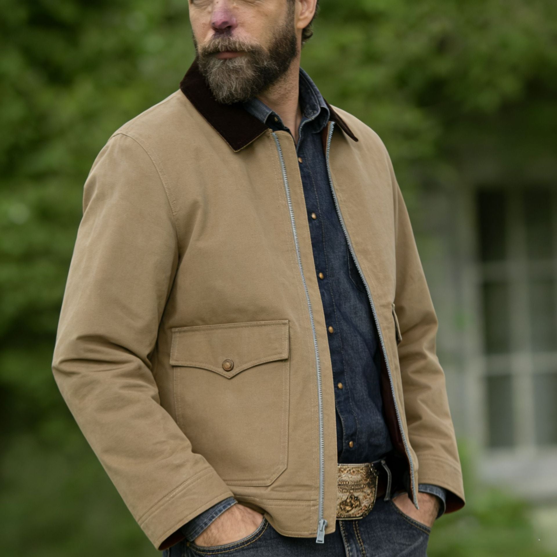Herren robuste Canvas-Fieldjacke mit Cordkragen und aufgesetzten Pattentaschen Chichicherry