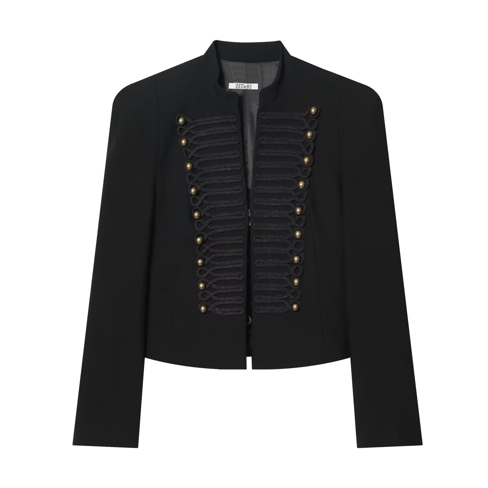 Women's Short Blazer with Military Frog Decoration and Stand-Up Collar Chichicherry