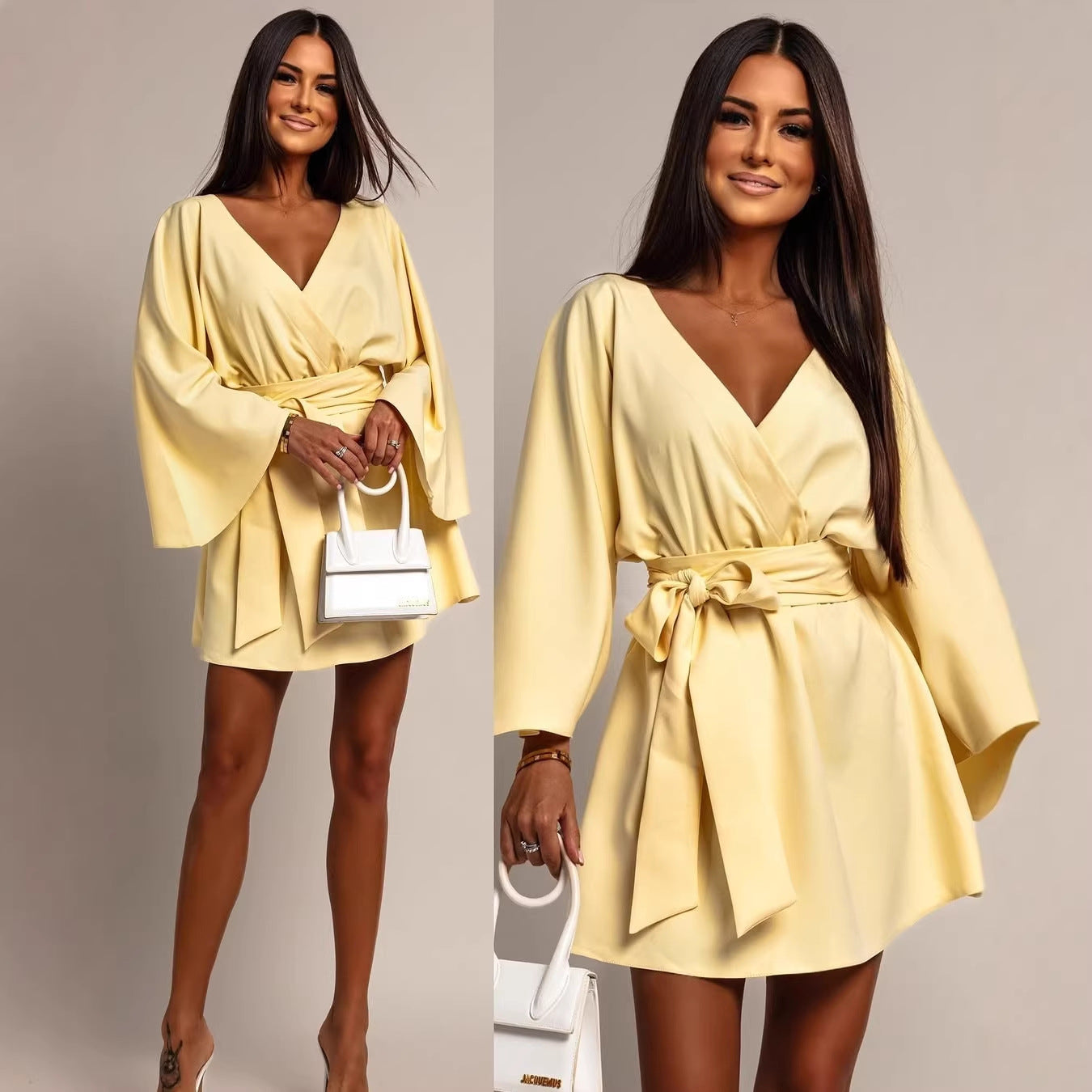 Damen Wickel-Minikleid mit Kimonoärmeln und Taillengürtel Chichicherry