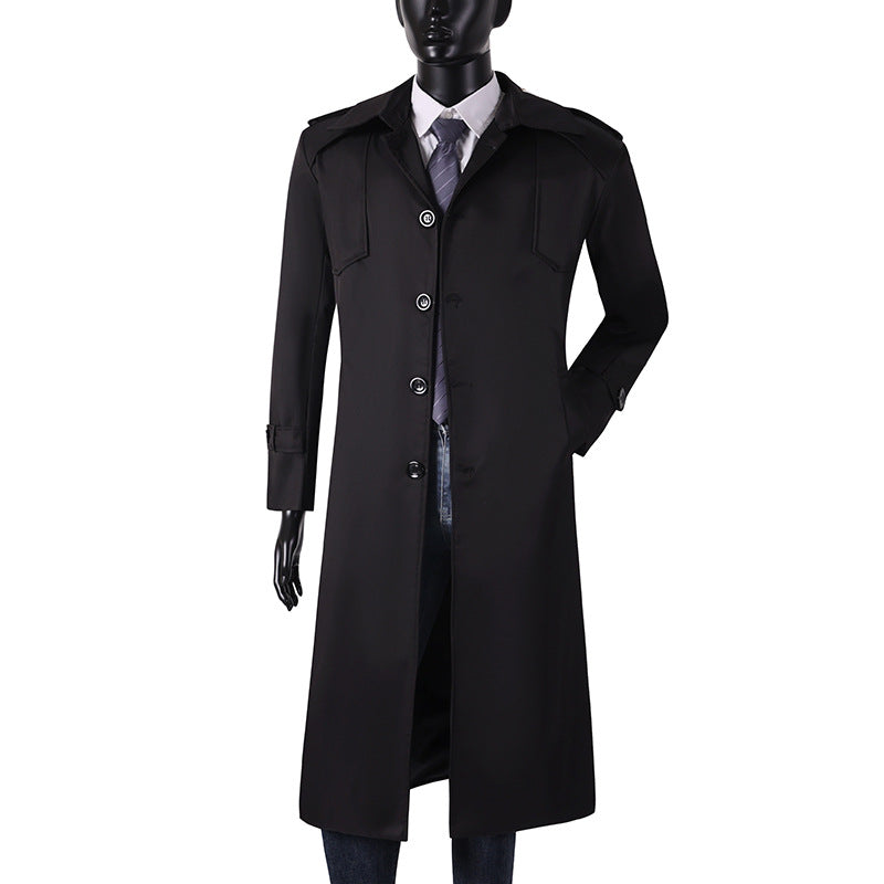 Men's Long Cut Trench Coat with Classic Lapels and Water-Repellent Finish Chichicherry
