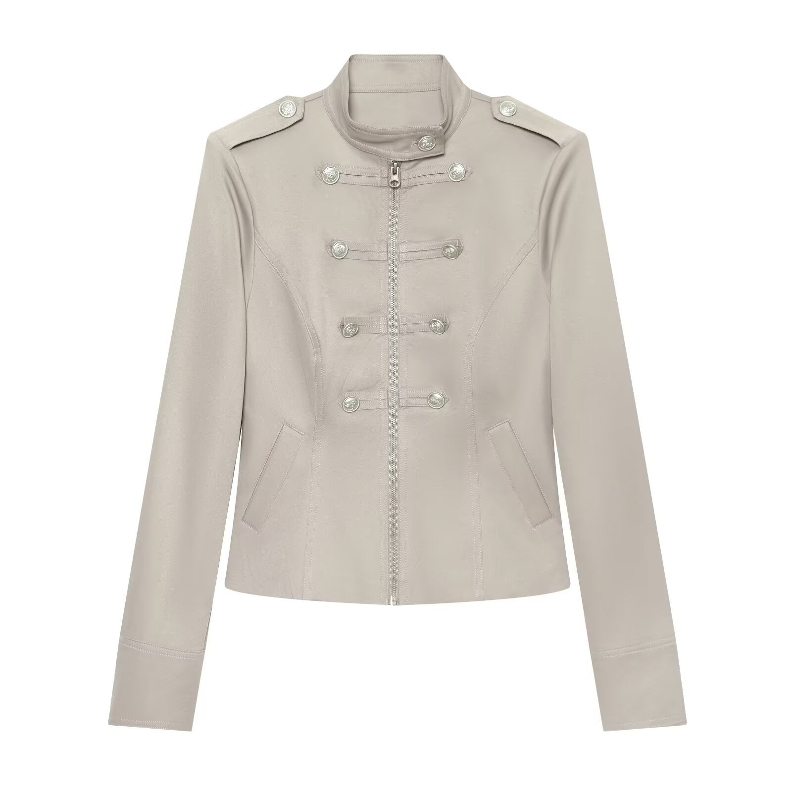 Women Military-Inspired Short Jacket with Stand-Up Collar, Decorative Button Placket and Zipper Chichicherry