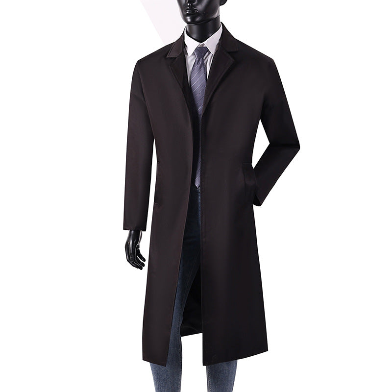 Men's Long Minimalist Trench Coat with Concealed Button Placket and Side Pockets Chichicherry