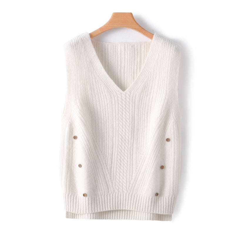 Ladies' knitted long vest with V-neck, cable pattern and side button placket Chichicherry