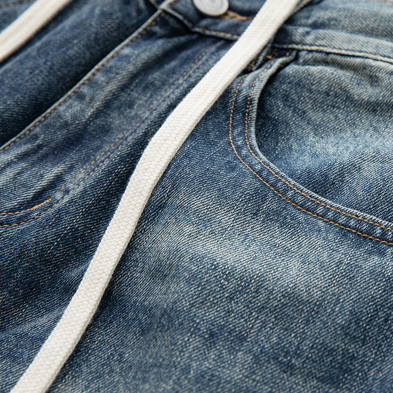 Women Wide Cropped Jeans with High Waist, Quilted Knee Panels and Drawstring Waist Chichicherry