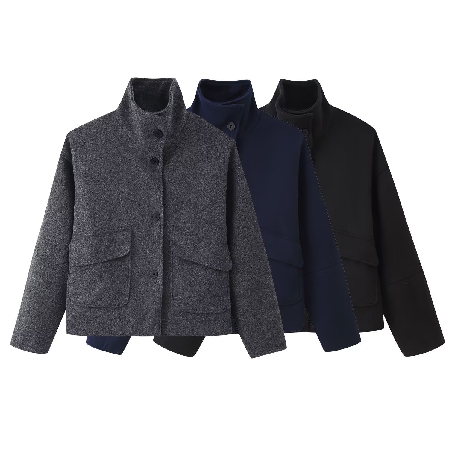Women's Boxy Short Jacket made of Wool Blend with Stand-up Collar and Flap Pockets Chichicherry