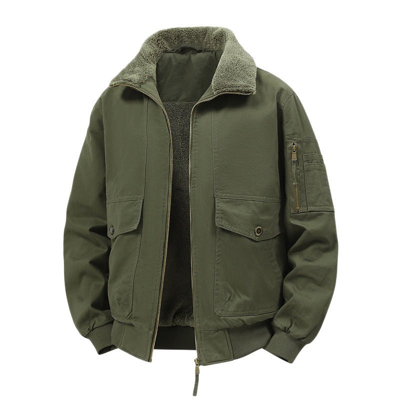 Men's Military Inspired Thermal Bomber Jacket with Teddy Lining, Arm Pocket and Snap Flap Pockets Chichicherry