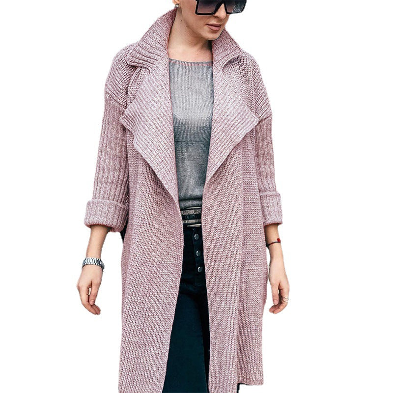 Women Long Open Knit Coat with Shawl Collar and Cuffed Sleeves Chichicherry