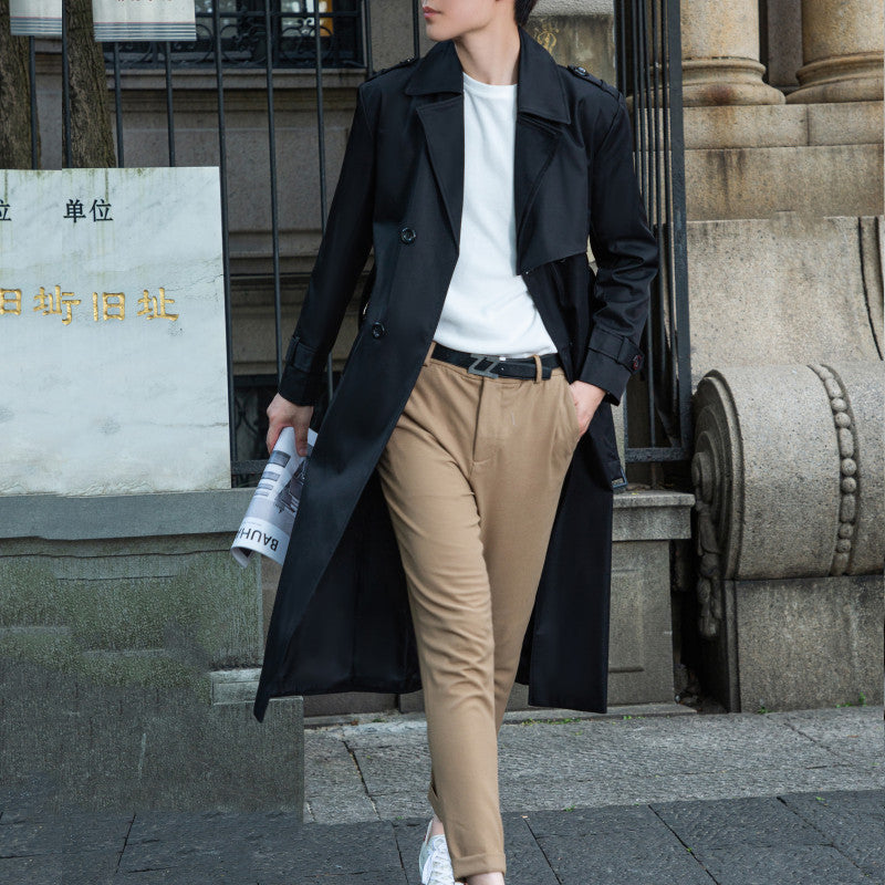 Men's longer double-breasted trench coat with storm flap and D-ring details Chichicherry