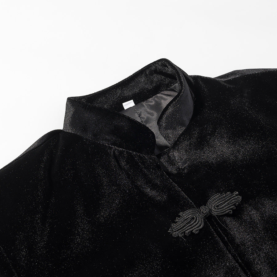 Women's Cropped Jacket in Mandarin Style with Stand Collar and Decorative Knot Closures Chichicherry