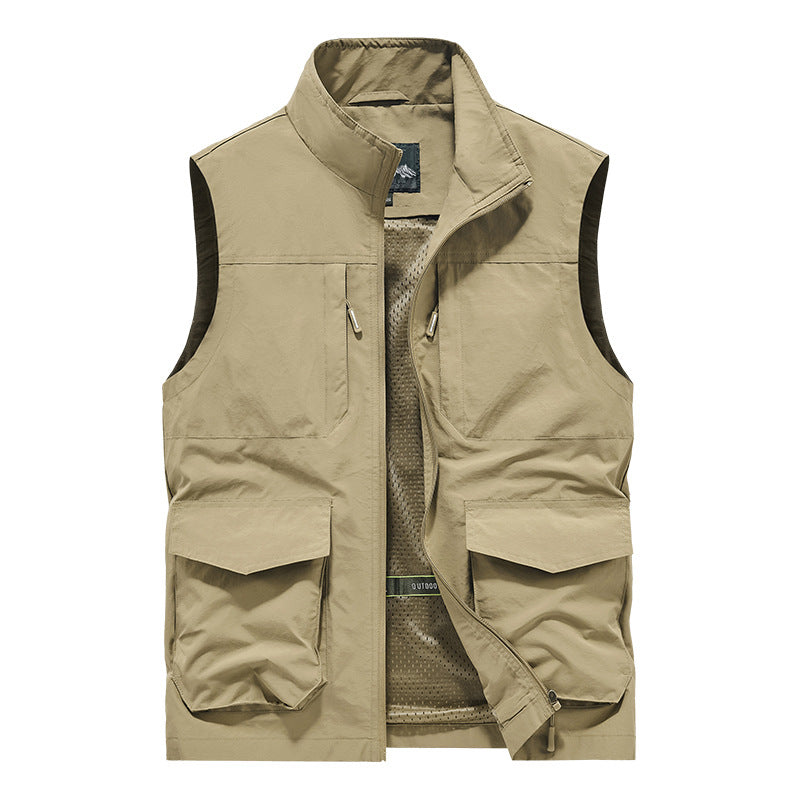 Men's Utility Outdoor Vest with Multiple Pockets, Mesh Lining & Stand Collar Chichicherry